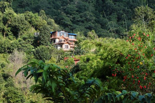 NEPAL. POKHARA - OKTOBER 28, 2016 : Yoga retreat purna yoga in the green hills on the outskirts of Pokhara. Pokhara second most important and largest city of Nepal.
