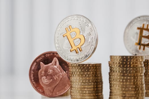 Digital currency physical silver bitcoin coin on the gold money near dogecoin.