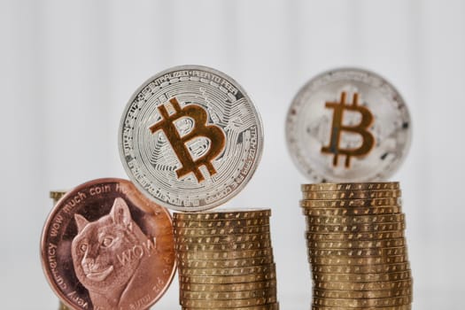 Digital currency physical silver bitcoin coins and brass dogecoin on the money.