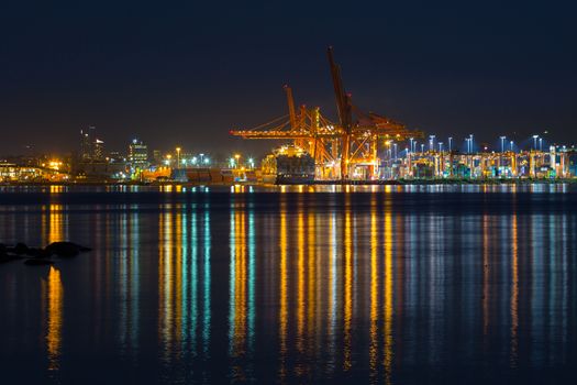 Port of Vancouver British Columbia Canada during evening blue hour night