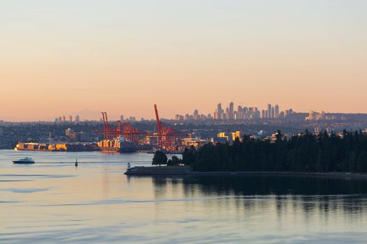 Port of Vancouver British Columbia Canada with Stanley Park and Burnaby city view in the morning