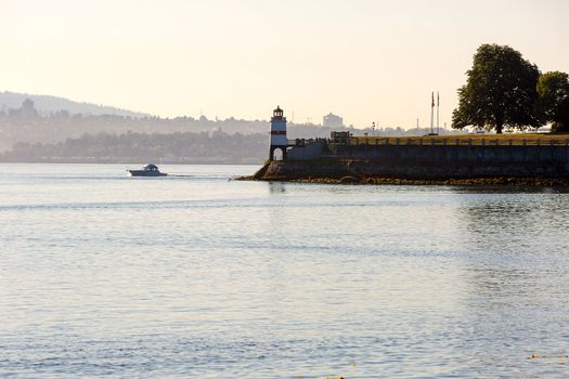 Brockton Point Lighthouse at Stanley Park in Vancouver British Columbia Canada in morning sunlight