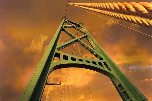 Lions Gate Bridge cable support tower in Vancouver British Columbia Canada during sunrise