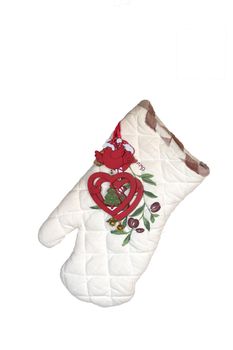 Kitchen glove with olives on white background wit red doves holding a heart with christmas tree as decoration.
