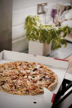 Fresh and tasty vegetarian spicy pizza in the kitchen. Fast food concept.