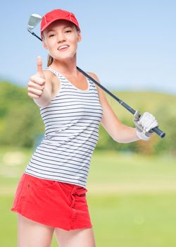 Golfer happy in success, happy portrait on a background of golf courses