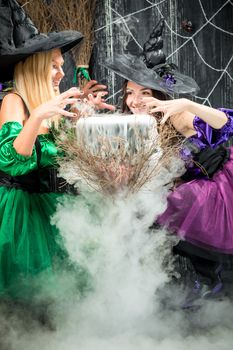 two merry witches with a pot for a potion, from which steam is pouring