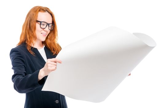 portrait of an architect in glasses with blueprints isolated on white background