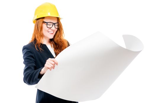 happy woman boss in yellow hard hat with drawings isolated