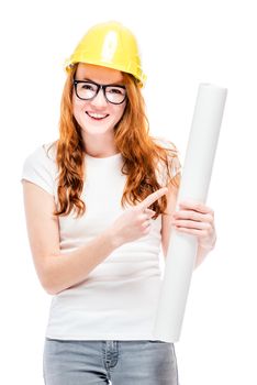 Happy girl in yellow helmet with drawings isolated