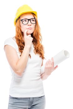 girl in glasses with blueprints on white background thoughtful