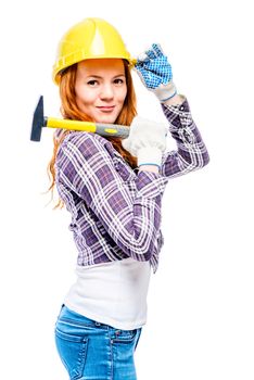 pretty fragile woman with a male profession on a white background