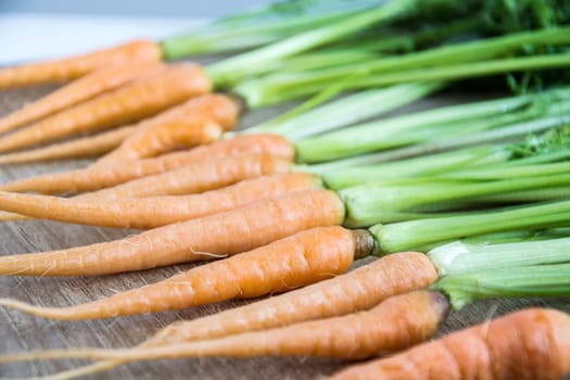 Fresh and sweet carrot on wooden table, Bunch of fresh carrots with green leaves over wooden background, Vegetable Food