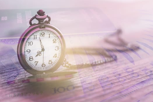 pocket watch over yuan banknotes with double exposure effect, time is money, business and finance concept