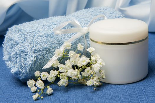 products for body care on blue background
