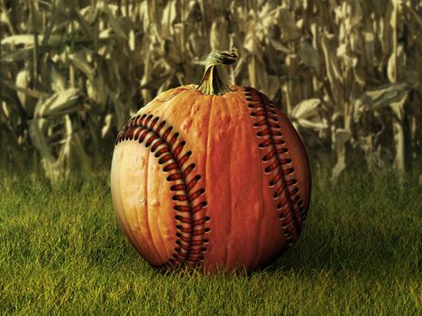 Photo Illustration of a pumpkin retouched as a baseball with a corn field in the background.   