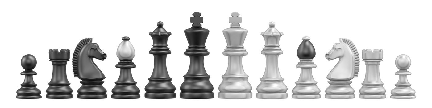 All chess pieces 3D render illustration isolated on white background