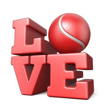 Word LOVE with tennis ball 3D render illustration isolated on white background