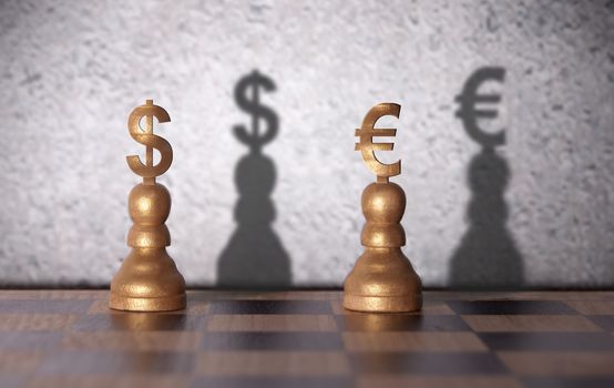 Dollar and euro shadow emerging from currency chess pawns 