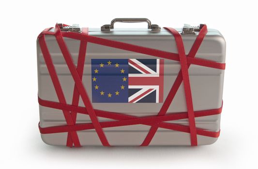 Red tape around a briefcase with european and british flag