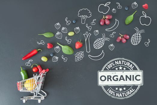 Organic grocery shopping cart filled with fruits and vegetables and sketches on a chalkboard 