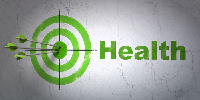 Success Healthcare concept: arrows hitting the center of target, Green Health on wall background, 3D rendering
