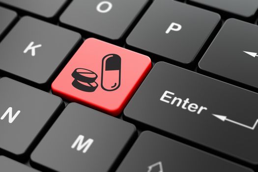 Health concept: computer keyboard with Pills icon on enter button background, 3D rendering