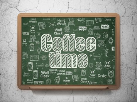 Timeline concept: Chalk White text Coffee Time on School board background with  Hand Drawing Time Icons, 3D Rendering