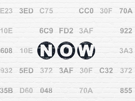 Timeline concept: Painted black text Now on White Brick wall background with Hexadecimal Code