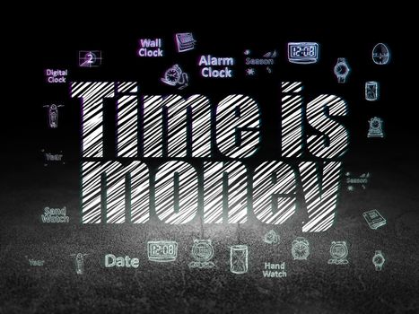 Time concept: Glowing text Time is Money,  Hand Drawing Time Icons in grunge dark room with Dirty Floor, black background
