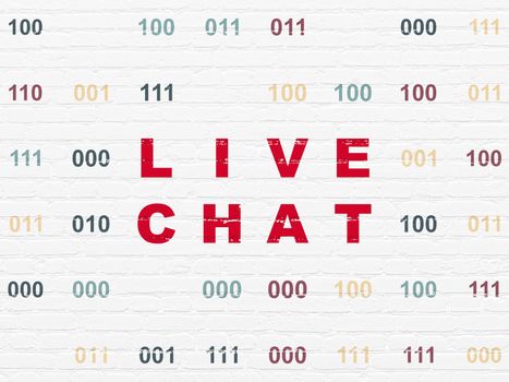 Web development concept: Painted red text Live Chat on White Brick wall background with Binary Code