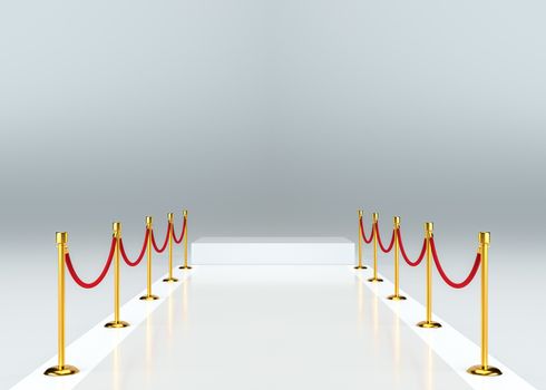 White glossy carpet with a barrier. White empty pedestal. 3d illustration