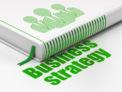 Business concept: closed book with Green Business People icon and text Business Strategy on floor, white background, 3D rendering