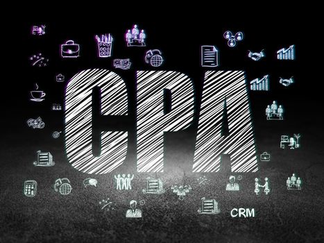 Business concept: Glowing text CPA,  Hand Drawn Business Icons in grunge dark room with Dirty Floor, black background