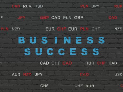 Business concept: Painted blue text Business Success on Black Brick wall background with Currency