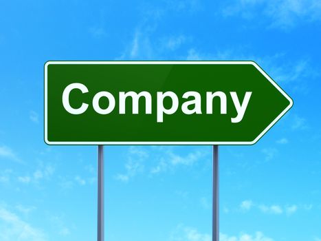 Business concept: Company on green road highway sign, clear blue sky background, 3D rendering
