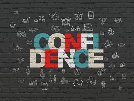Finance concept: Painted multicolor text Confidence on Black Brick wall background with  Hand Drawn Business Icons