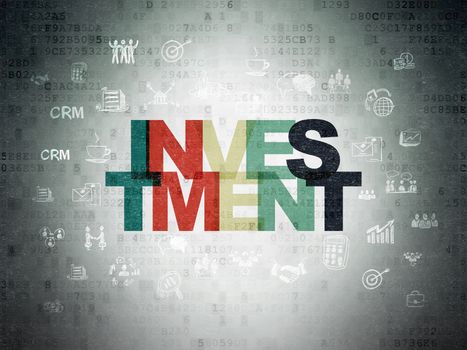 Finance concept: Painted multicolor text Investment on Digital Data Paper background with  Hand Drawn Business Icons