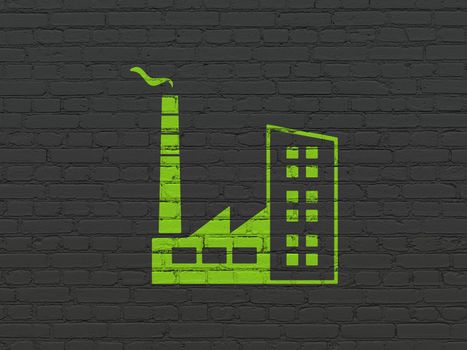 Finance concept: Painted green Industry Building icon on Black Brick wall background