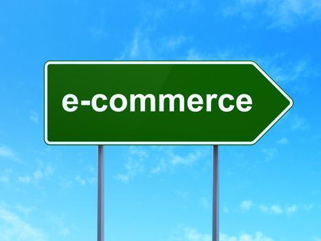 Finance concept: E-commerce on green road highway sign, clear blue sky background, 3D rendering