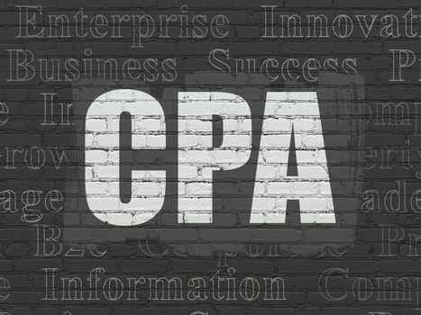 Business concept: Painted white text CPA on Black Brick wall background with  Tag Cloud
