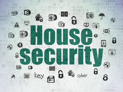 Protection concept: Painted green text House Security on Digital Data Paper background with  Hand Drawn Security Icons