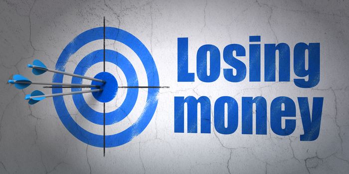 Success currency concept: arrows hitting the center of target, Blue Losing Money on wall background, 3D rendering