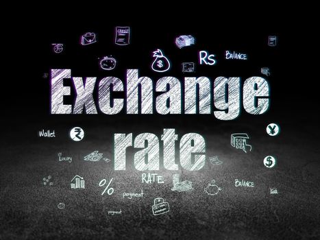 Money concept: Glowing text Exchange Rate,  Hand Drawn Finance Icons in grunge dark room with Dirty Floor, black background