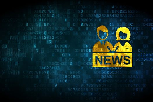 News concept: pixelated Anchorman icon on digital background, empty copyspace for card, text, advertising