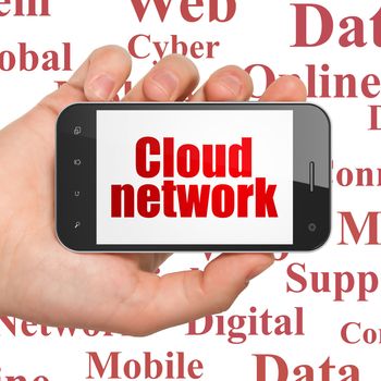 Cloud networking concept: Hand Holding Smartphone with  red text Cloud Network on display,  Tag Cloud background, 3D rendering