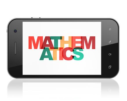 Learning concept: Smartphone with Painted multicolor text Mathematics on display, 3D rendering