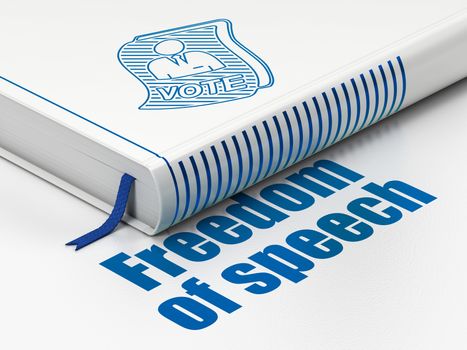 Politics concept: closed book with Blue Ballot icon and text Freedom Of Speech on floor, white background, 3D rendering