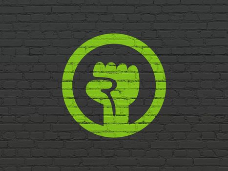 Politics concept: Painted green Uprising icon on Black Brick wall background