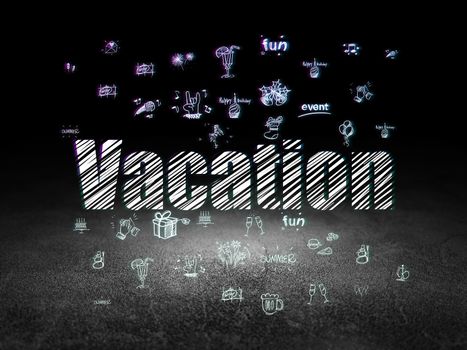Holiday concept: Glowing text Vacation,  Hand Drawn Holiday Icons in grunge dark room with Dirty Floor, black background